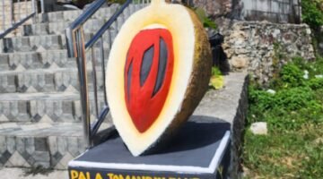 Ikon Selfie Buah Pala Tomandin di lingkungan kantor Dinas Perkebunan Fakfak, simbol kebanggaan daerah sekaligus penguat identitas Fakfak.