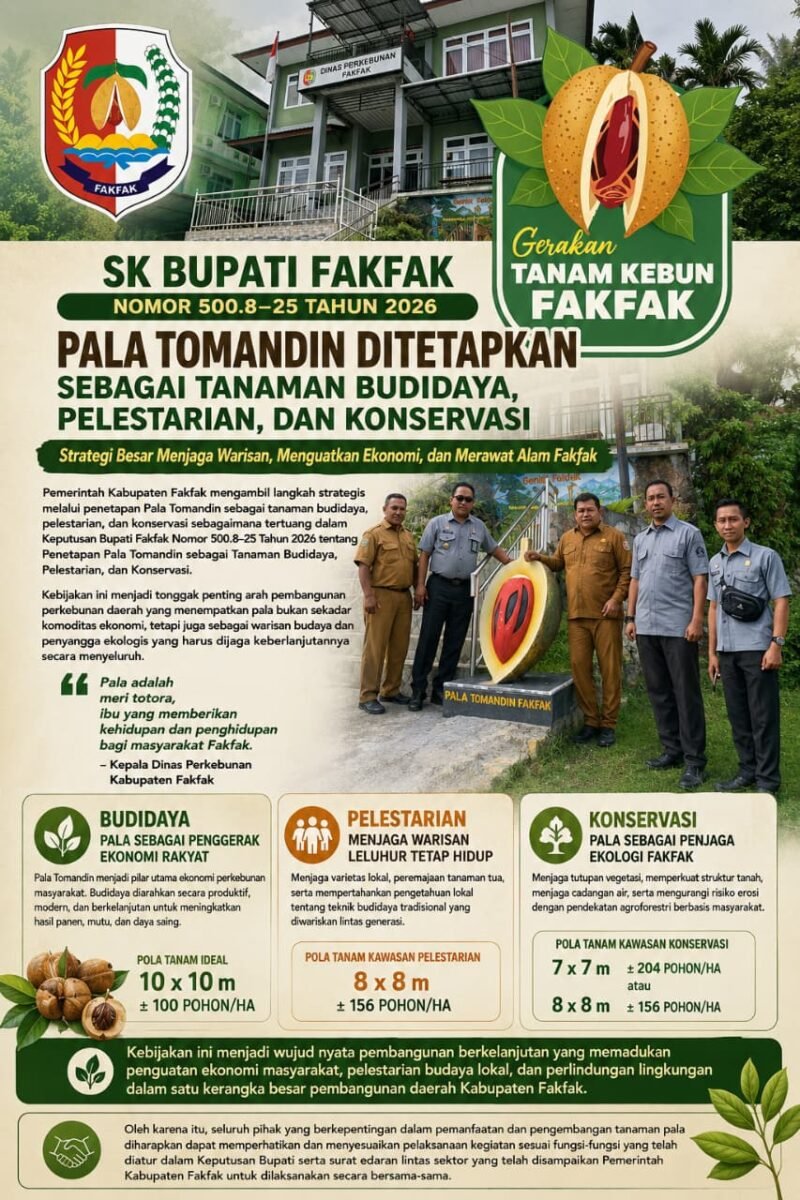 Keputusan Bupati Fakfak Nomor 500.8–25 Tahun 2026 tentang Penetapan Pala Tomandin sebagai Tanaman Budidaya, Pelestarian, dan Konservasi.